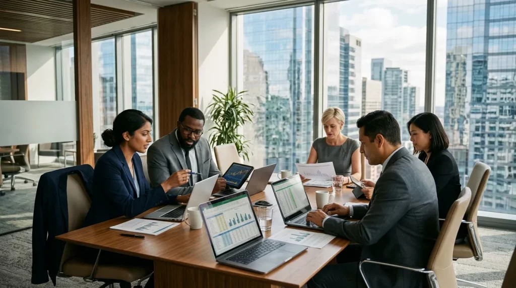 Empresários analisando relatórios para entender quanto é o salário mínimo nos Estados Unidos em reunião.