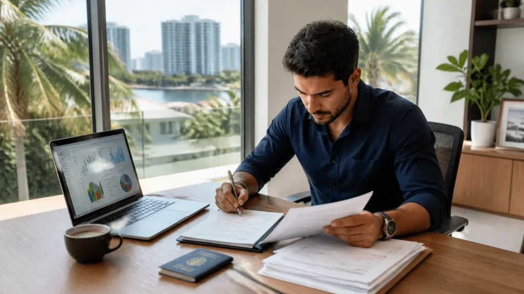 Profissional analisando documentos sobre declarar imposto de renda morando no exterior em escritório moderno.