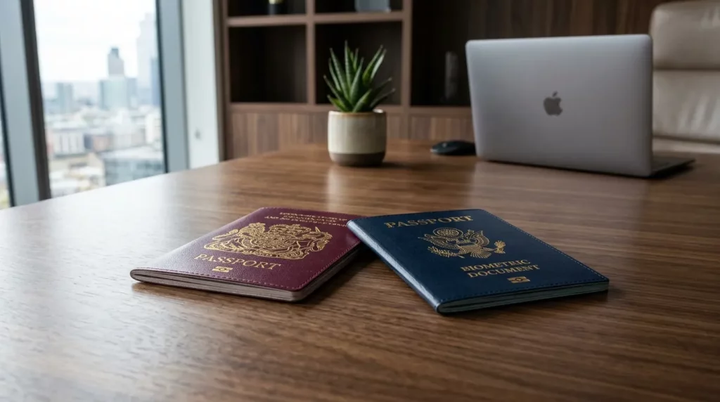 Passaportes sobre mesa executiva representando processo de dupla cidadania americana e brasileira.