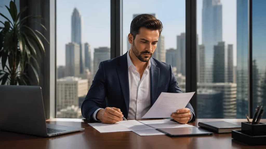 Empreendedor internacional analisando documentos sobre visto h1b em escritório moderno nos Estados Unidos.