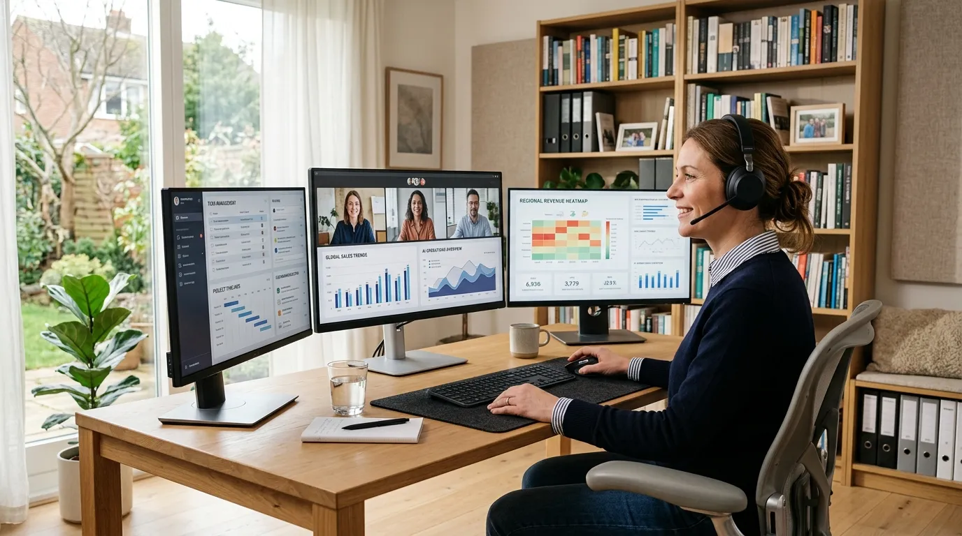 Empreendedor internacional atuando para ganhar em dólar home office com setup profissional e telas.
