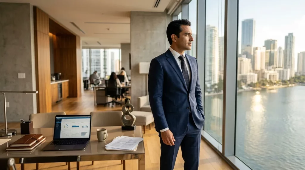 Empresário em escritório moderno planejando como morar nos Estados Unidos legalmente.