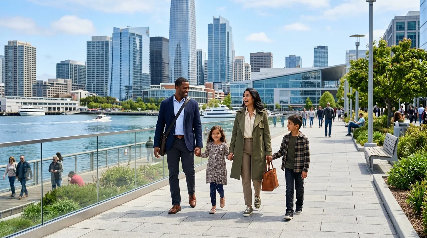 Família de empreendedores caminhando em parque urbano no melhor lugar para morar nos estados unidos.