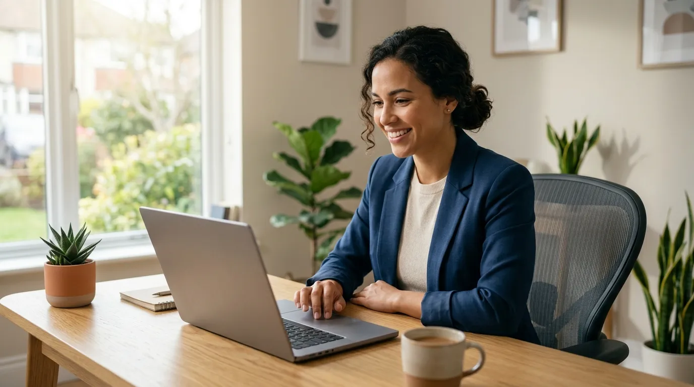 Profissional trabalhando para ganhar em dólar home office com laptop em mesa moderna e iluminada.