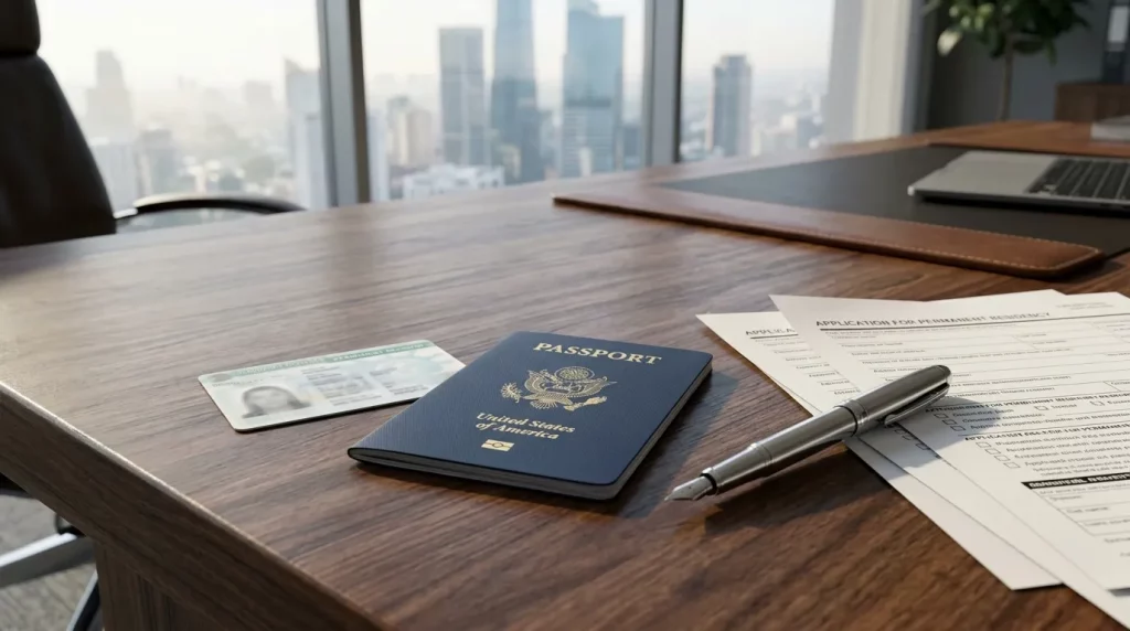 Documentos demonstrando a diferenca entre green card e cidadania americana sobre mesa de escritorio executivo.