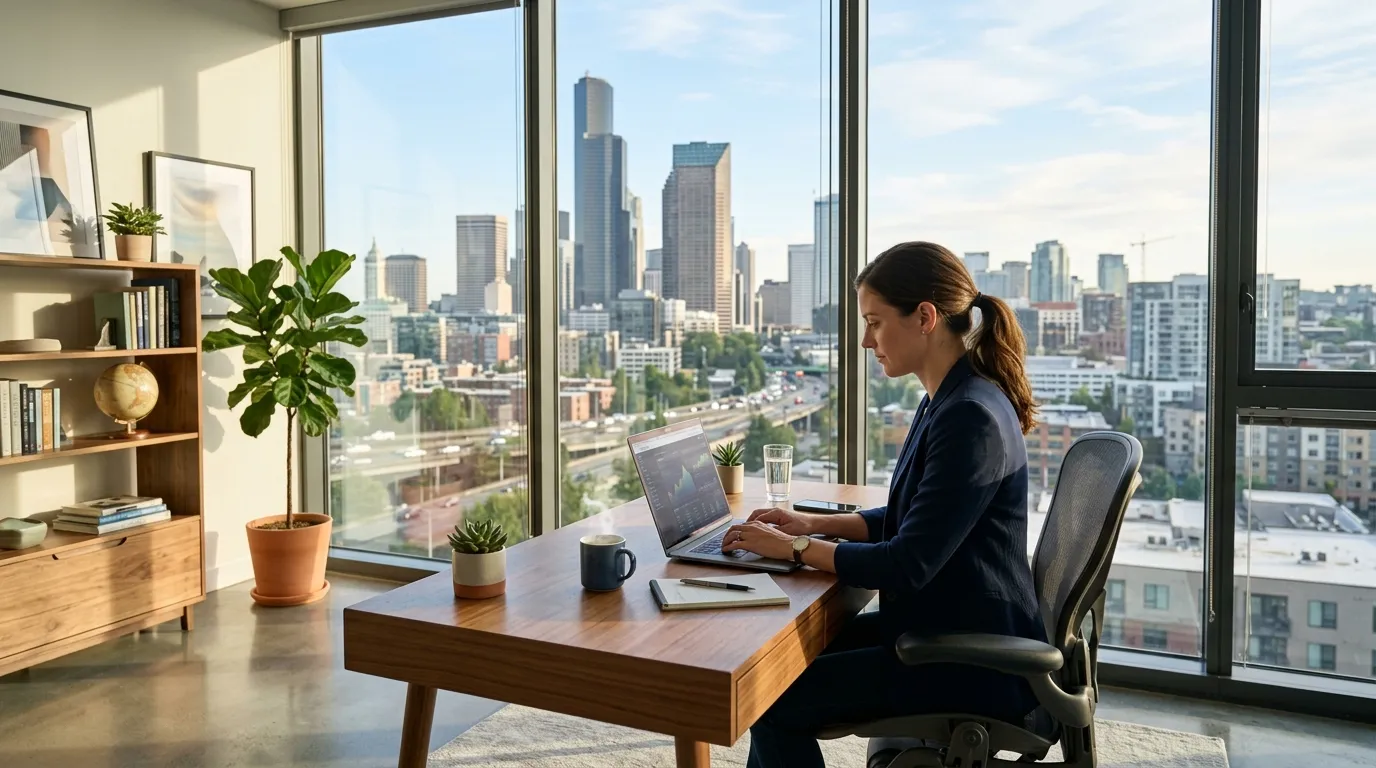 Home office moderno com vista urbana indicando o melhor lugar para morar nos estados unidos e empreender.