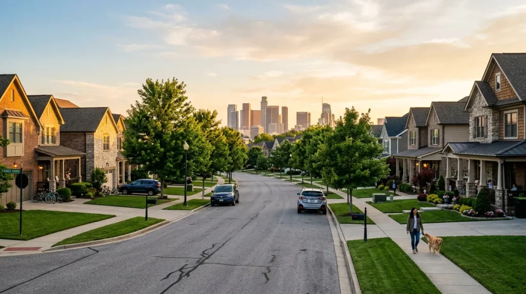 Bairro residencial arborizado e moderno representando o melhor lugar para morar nos estados unidos.